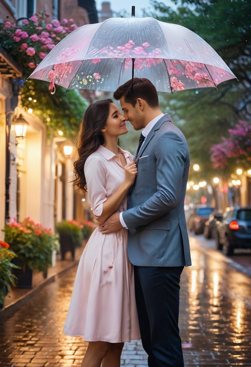 A couple in a cozy, romantic setting surrounded by symbols of love like hearts and flowers, holding a large umbrella labeled 'Coverage' protecting them from rain labeled 'Risks'. The scene is warm and inviting, with soft lighting and pastel colors to enhance the romantic atmosphere. Capture the joy and security insurance brings to their relationship. super-realistic. vibrant colors. soft focus.