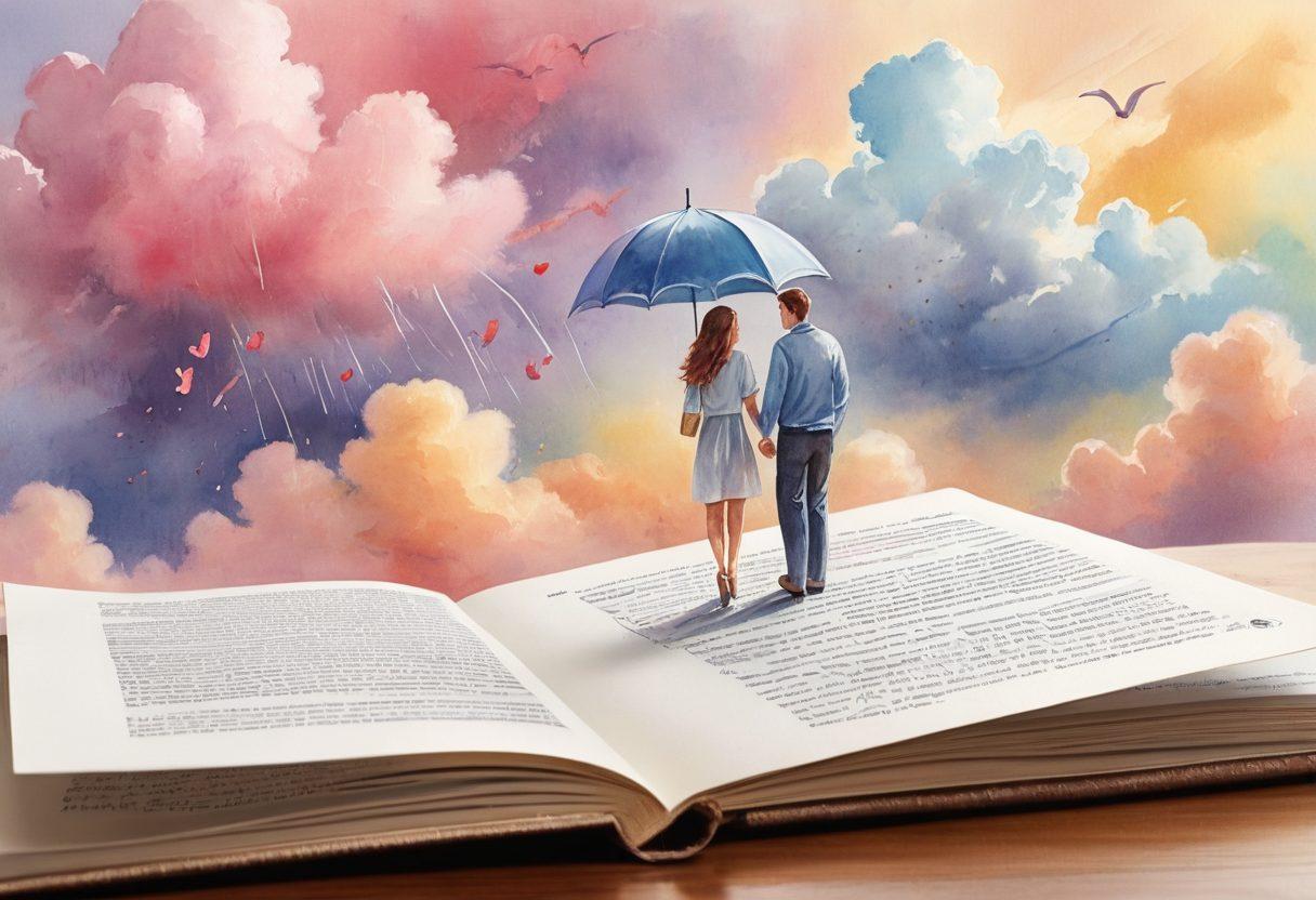 A romantic scene depicting a couple holding hands under a protective umbrella, symbolizing the security of insurance. In the background, a heart-shaped cloud signifies love, while the foreground features elements like policy documents and a key, representing investment in a safe future. Soft pastel colors enhance the emotional warmth of the image. watercolor painting. vibrant colors.
