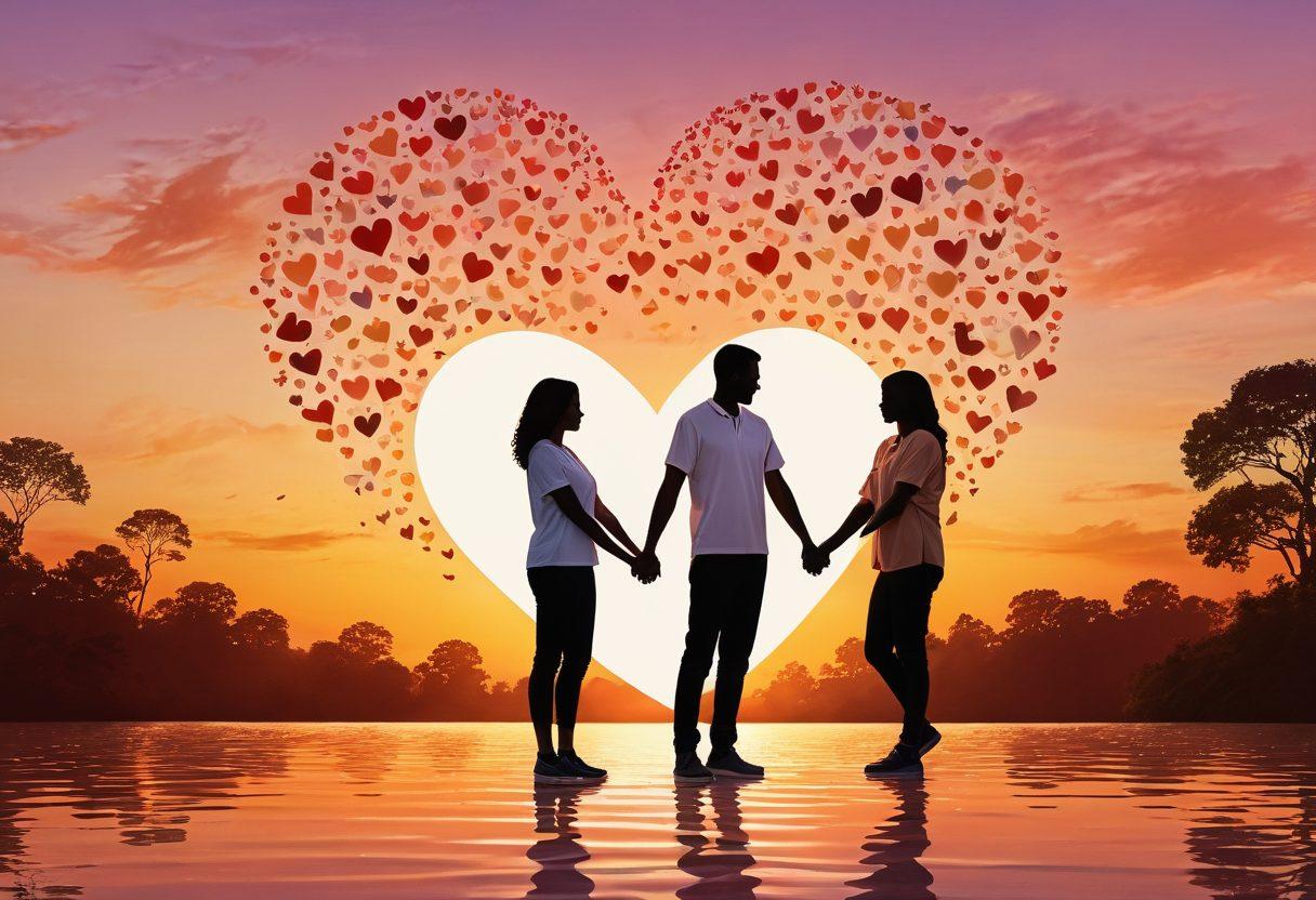 A whimsical scene of a couple holding hands, surrounded by floating hearts and insurance policy documents, symbolizing the intersection of love and security. In the background, a soft sunset casts a warm glow, enhancing the romantic atmosphere. Incorporate elements like a shield symbolizing coverage and a loving embrace. The couple should be smiling, depicting happiness and peace of mind. vibrant colors. dreamy. digital art.